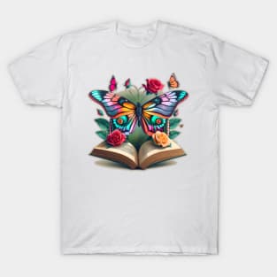 a book with a big beautiful butterfly and roses coming out of it T-Shirt